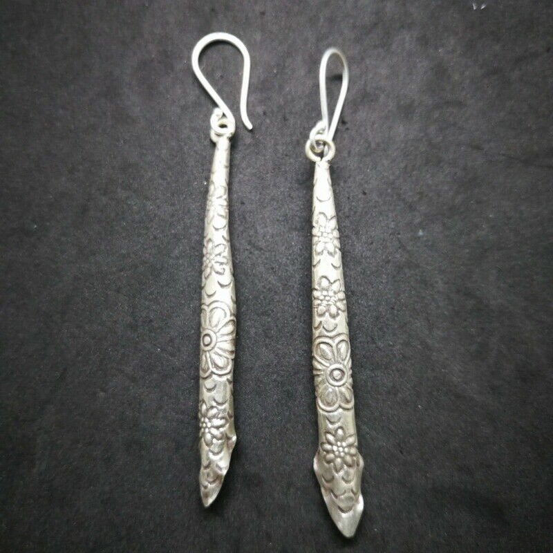 Fine 925 Silver Earrings Vintage Retro Fashion Funky long Stick Tube Straw 80 mm