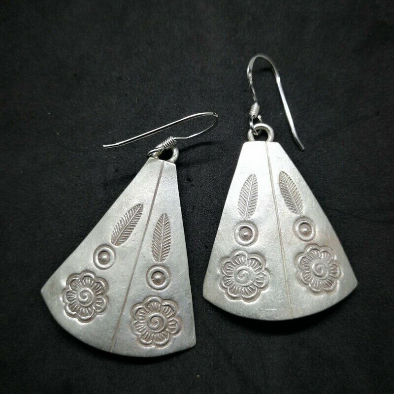 Fine 925 Silver Earrings Asian Arts Fashions Vintage Tribal Dangle 30x50 mm