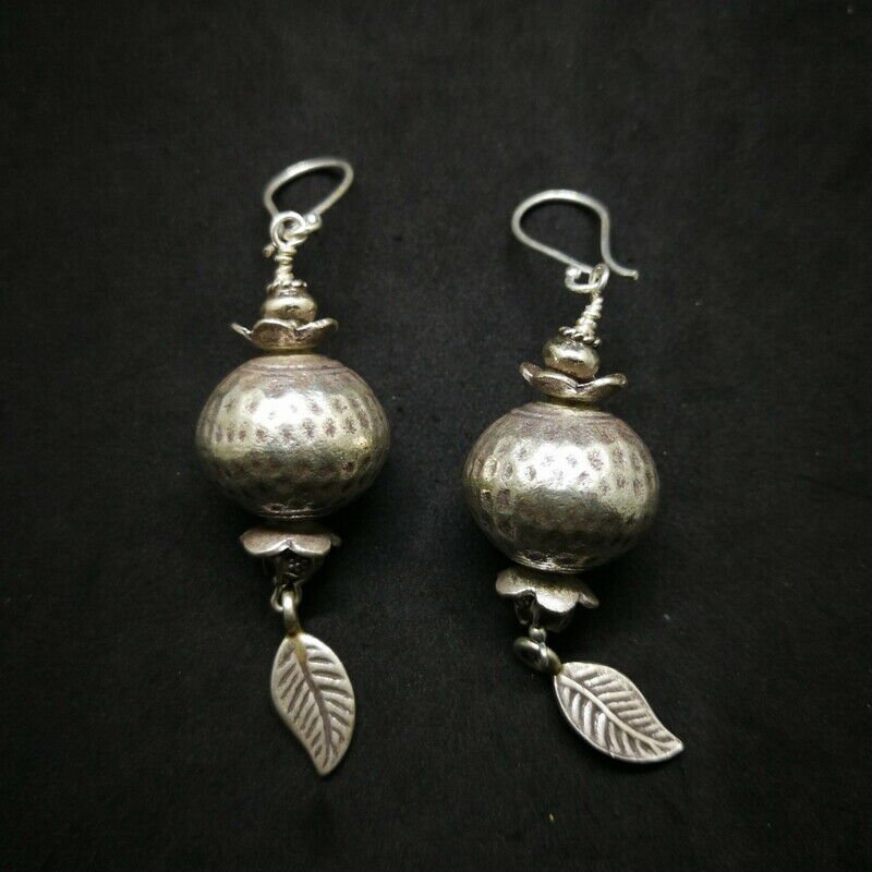 Fine 925 Silver Earrings Vintage Asian Bali Styles Craft Bead Dangles 70 mm
