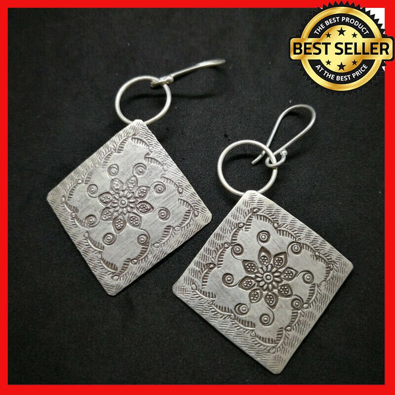 Fine 925 Silver Earrings Vintage Asian Tribal Karen Retro Arts Theme 60x36 mm