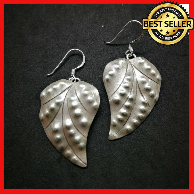 Fine 925 Silver Earrings Vintage Tribal Leaf multiple Dots Texture 45x27 mm