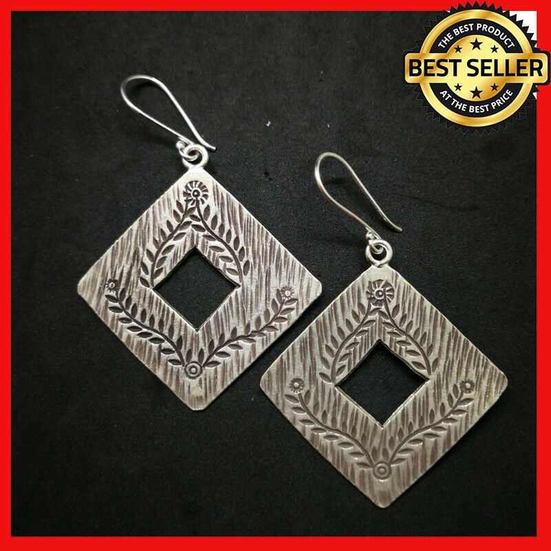 Fine 925 Silver Earrings Vintage Country Arts Retro Picture Texture 60x40 mm