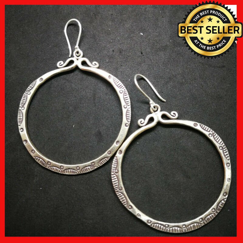 Fine 925 Silver Earrings Vintage Tribal Theme Hoop Round Tibet Styles 52x65 mm