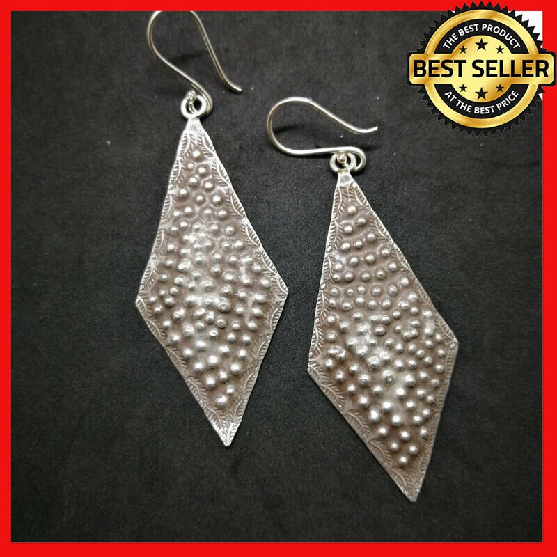 Fine 925 Silver Earrings Vintage Dark Retro Multiple Dot Rough Texture 25x70 mm