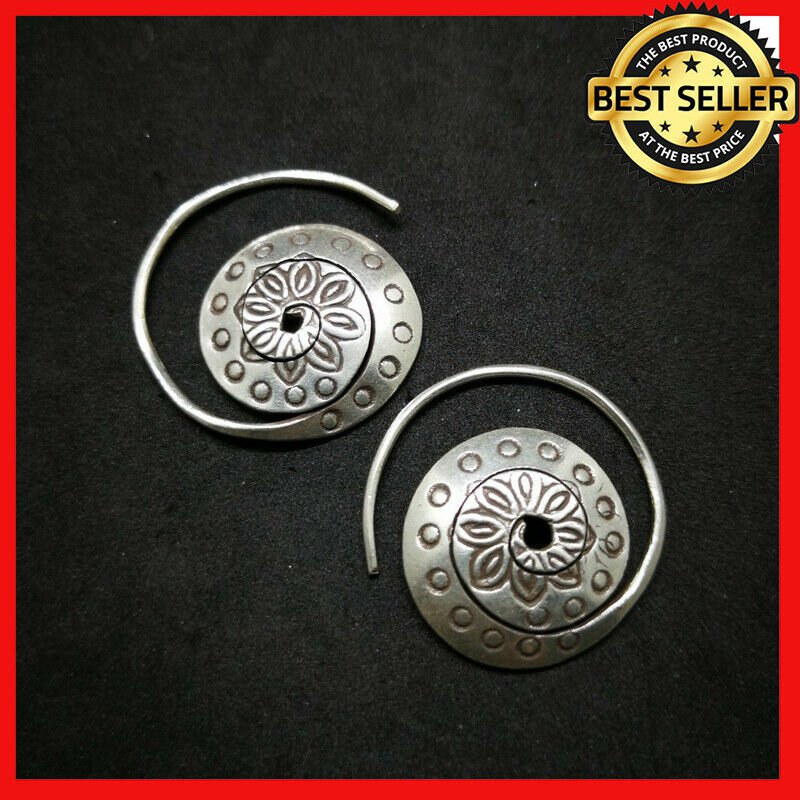 Fine 925 Silver Earrings Vintage Spiral Coil Flower dot engraved