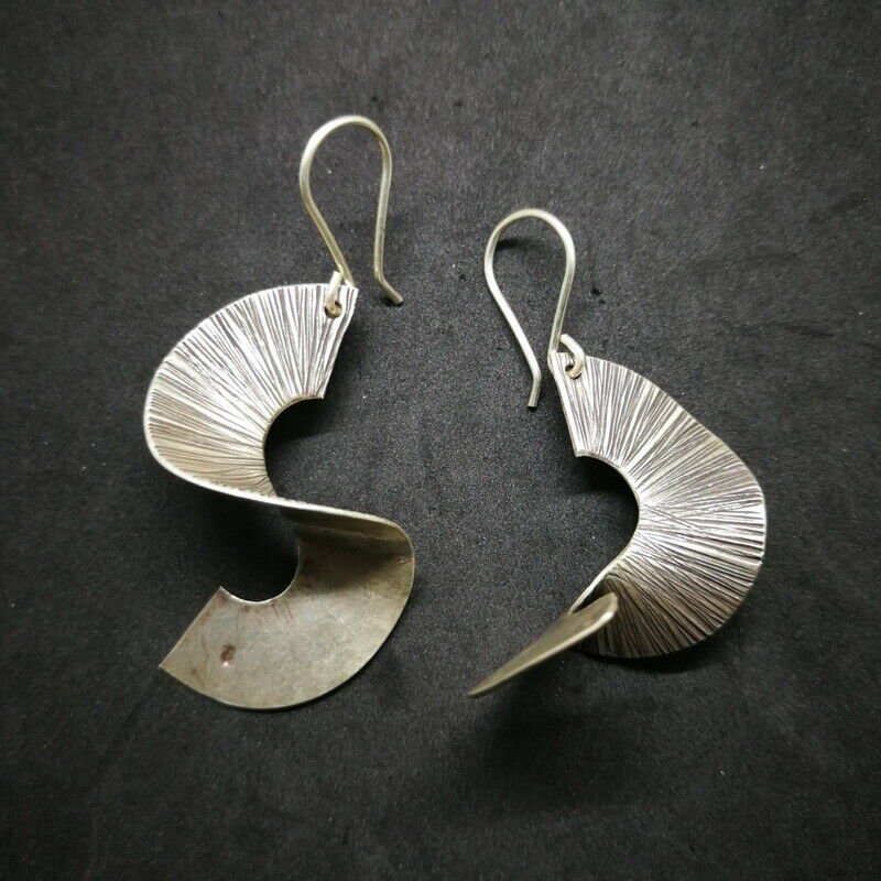 Fine 925 Silver Earrings Vintage Spiral Scratch Texture Twist Ribbon 50 mm