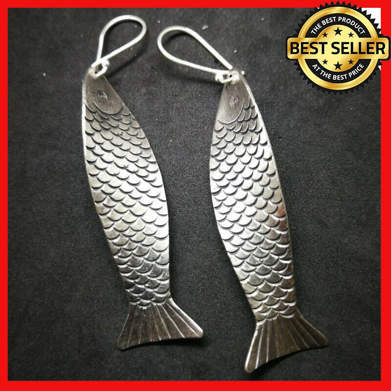 Fine 925 Silver Earrings Vintage Long Twist Salmon Fish Sea Theme 70 mm