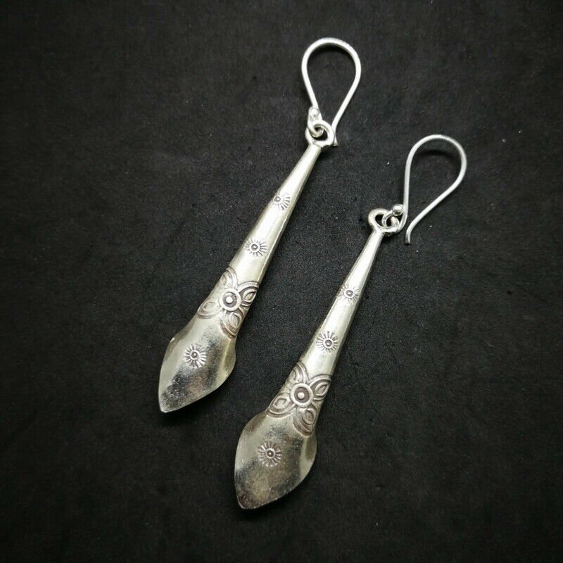 Fine 925 Silver Earrings Vintage Asian Tribal Long Stick Mark Engrave 65 mm
