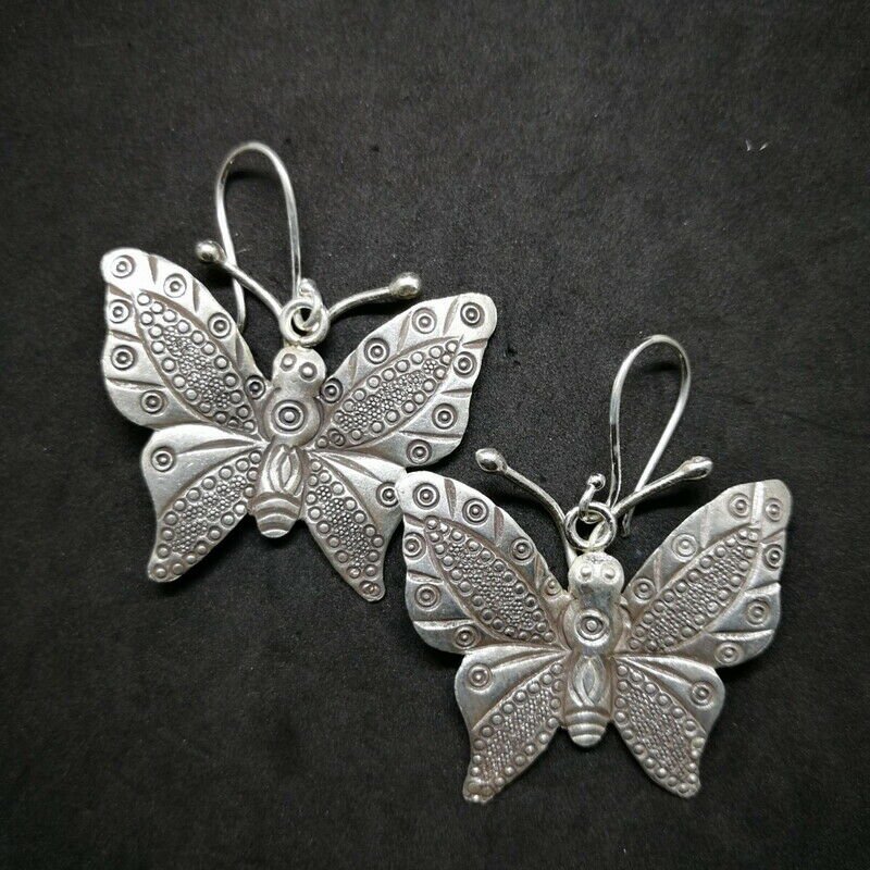 Fine 925 Silver Earrings Savage Asian Tribal Butterfly Moth Type4 35x45 mm