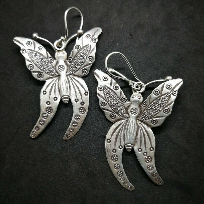 Fine 925 Silver Earrings Savage Asian Tribal Butterfly Moth Type5 60x35 mm