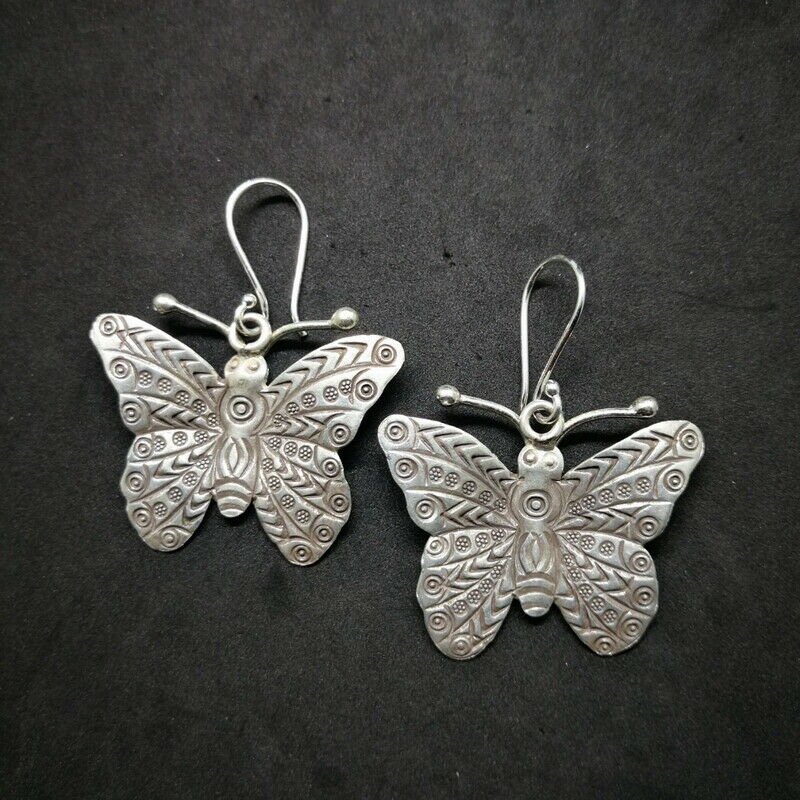 Fine 925 Silver Earrings Savage Asian Tribal Butterfly Moth Type8 35x42 mm