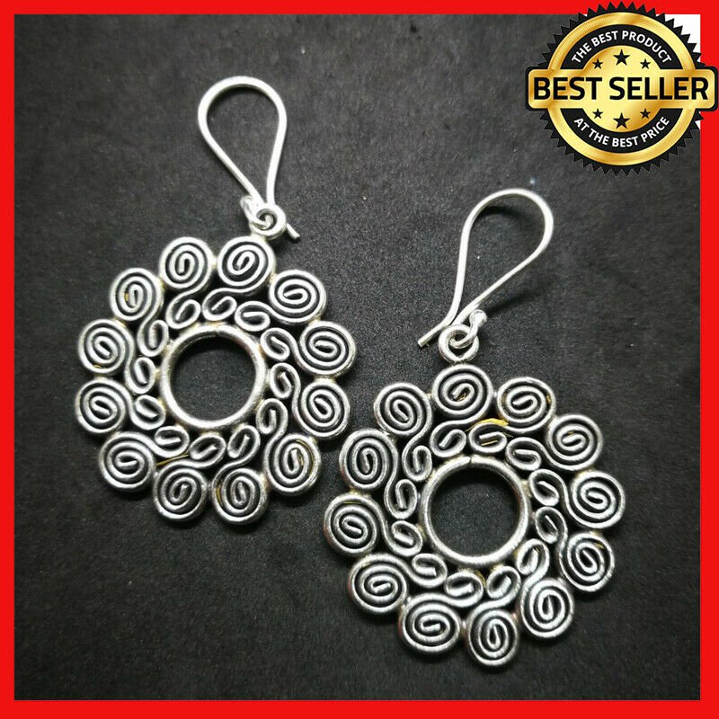 Fine 925 Silver Earrings Vintage Windy Spiral Rotate Theme Funny Swirl Disc