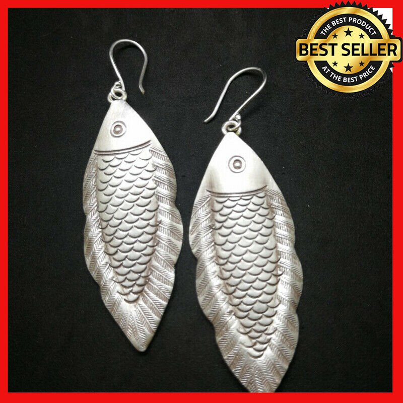Fine 925 Silver Earrings Vintage Cover Fin Long Fish Nautilus Theme 75 mm