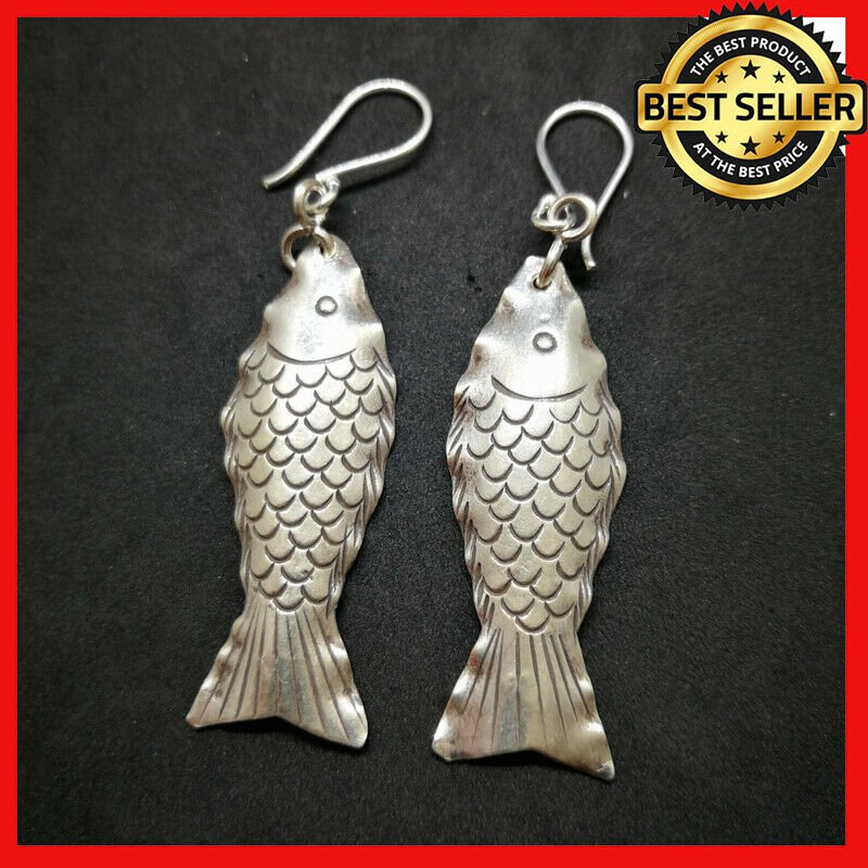 Fine 925 Silver Earrings Vintage Sadness Wave Bass Fish Craft long 55 mm