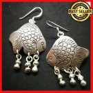 Fine 925 Silver Earrings Vintage Tribal Smiling Fish Hanging Beads 45x30 mm