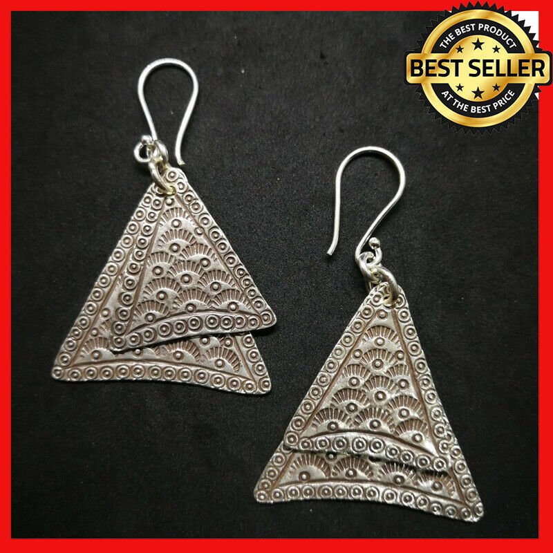 Fine 925 Silver Earrings Vintage Double Layer Triangle Field Farm Texture Tribal