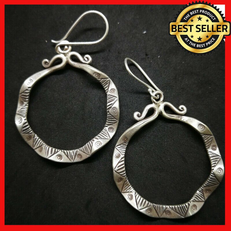 Fine 925 Silver Earrings Vintage Tribal Texture Wave Round Shape Hoop 60x35 mm