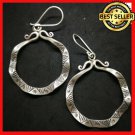 Fine 925 Silver Earrings Vintage Tribal Texture Wave Round Shape Hoop 60x35 mm