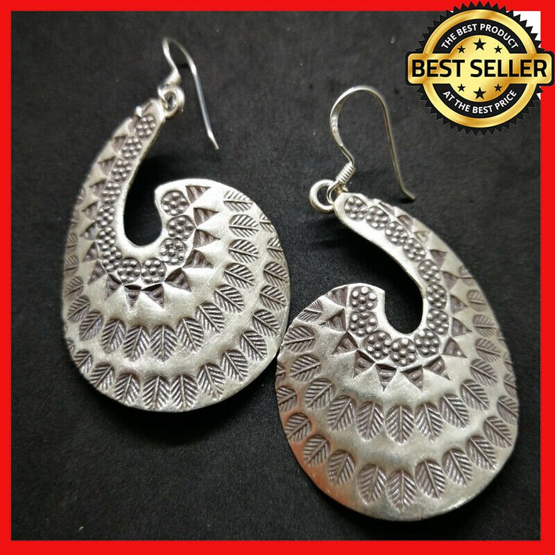 Fine 925 Silver Earrings Vintage BOHO PUNK Multiple Leaves Texture 60x32 mm