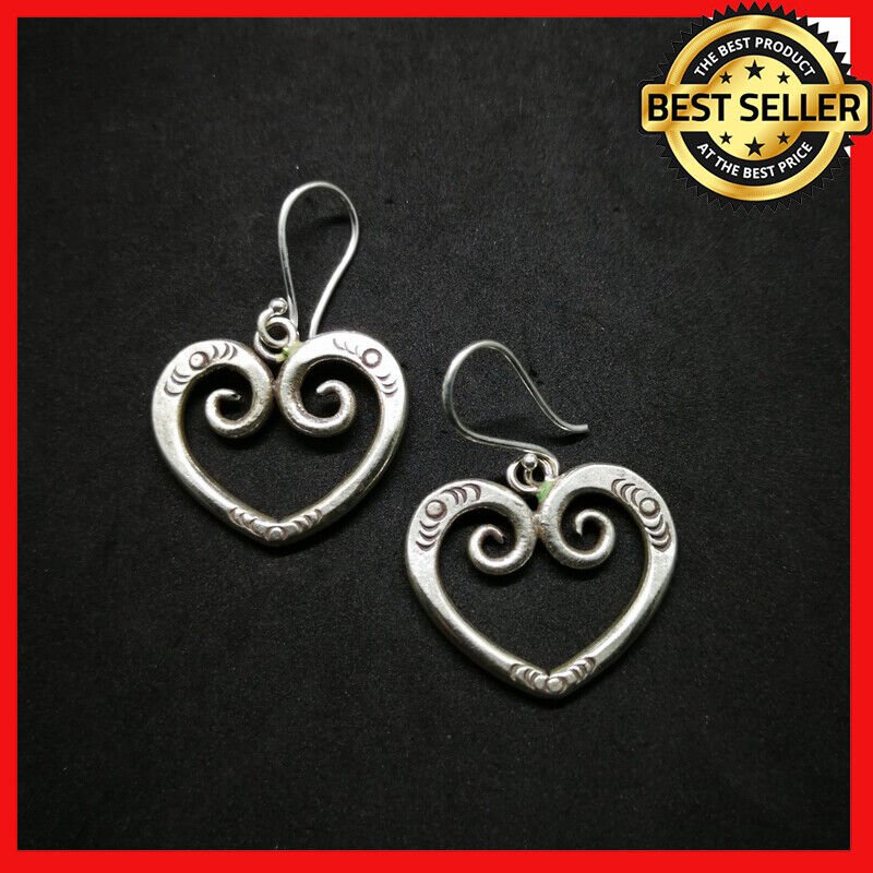 Hill Tribe Fine Sterling Silver Earrings Orecchini Dangle Spiral Heart Shape