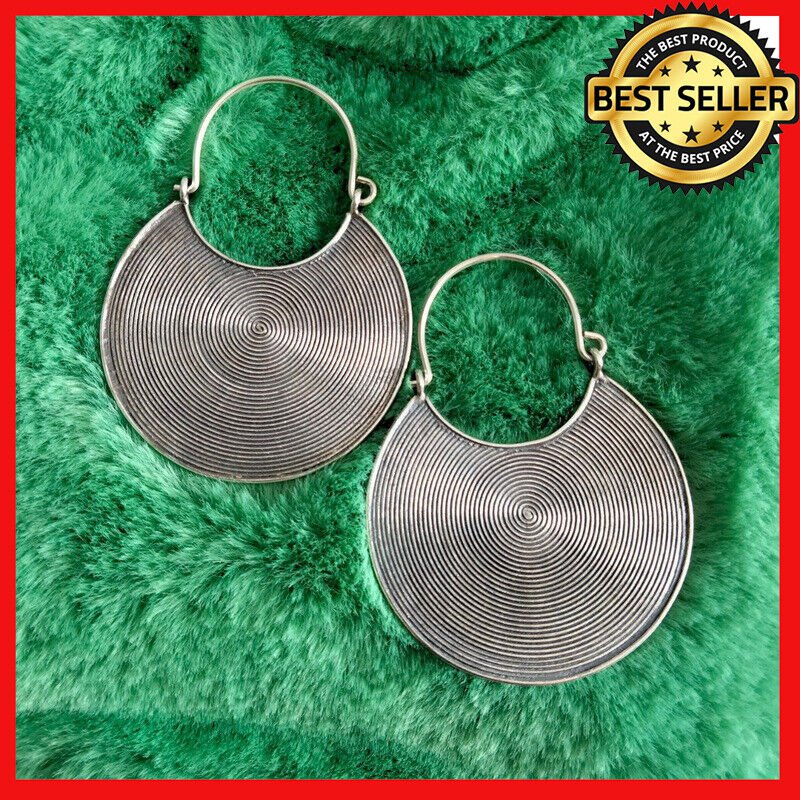 FINE SILVER EARRINGS 925 STERLING CRAFT VINTAGE TRIBAL BIG ROUND SPIRAL LOT1618