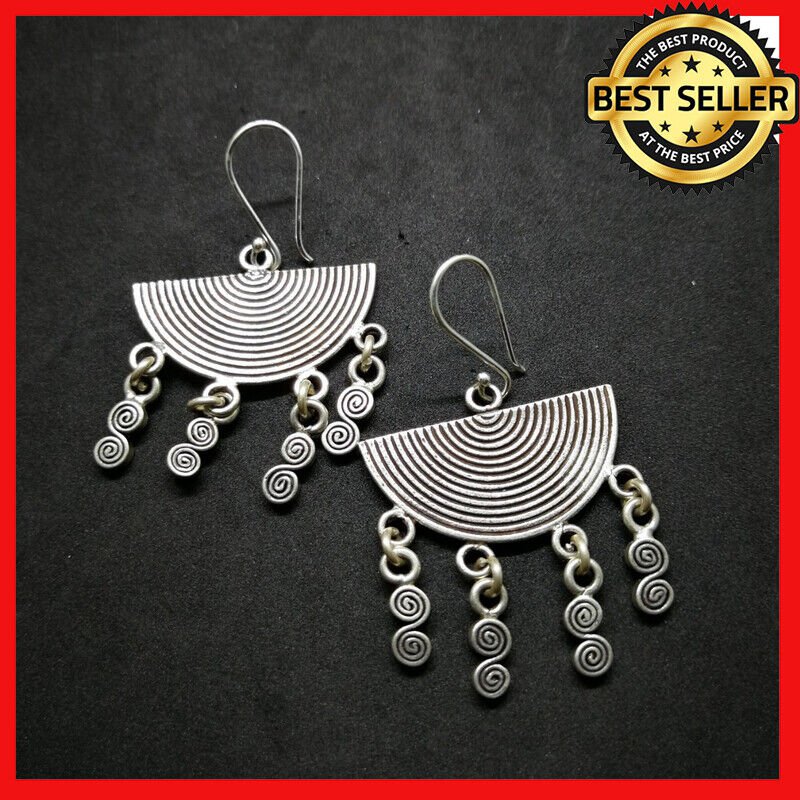 Fine 925 Silver Earrings Vintage Half Round Fan Hangin Spiral Collectible
