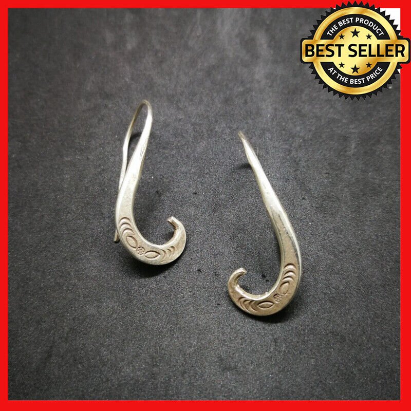 Fine 925 Silver Earrings Vintage Retro Stick Texture engrave Hook Collectible