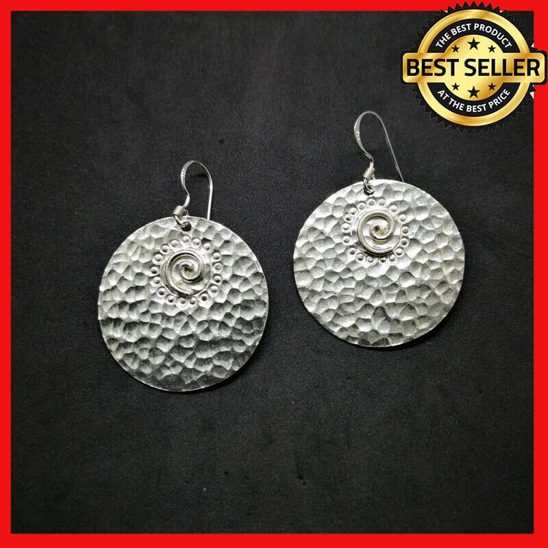 Fine 925 Silver Earrings Hammer Texture Disc Spiral Coil Engrave Collectible
