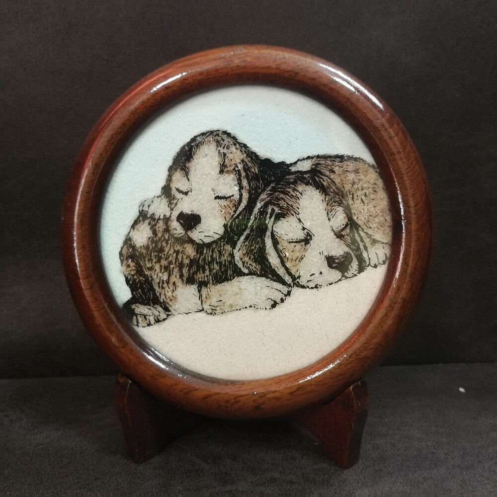 Natural Beads Gemstone Picture Antiques Arts Craft Decorative Twin Puppies Dogs