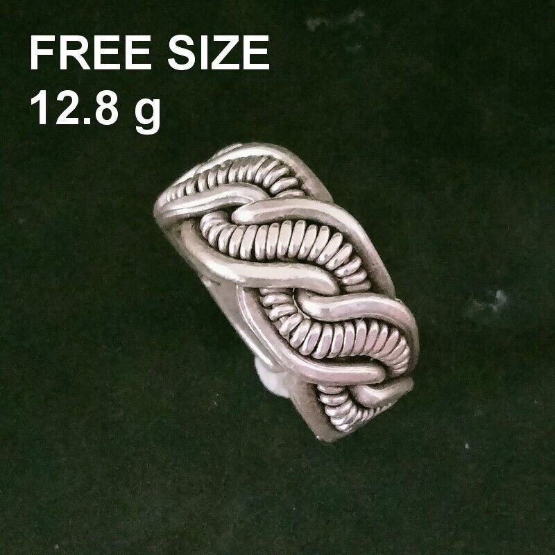 FINE SILVER RINGS SOLID HANDCRAFT FREE SIZE 12g WELLE KNITTING ROLL R23828