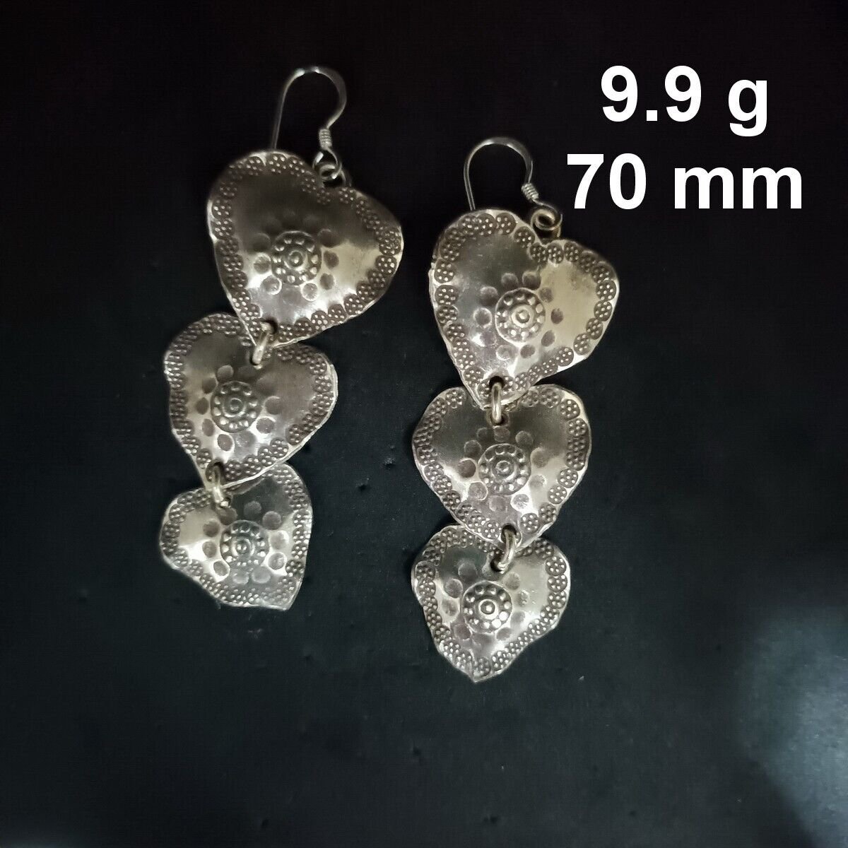 FINE SILVER EARRINGS CRAFT VINTAGE DANGLES 9g Triple Geometric hearts #RE169