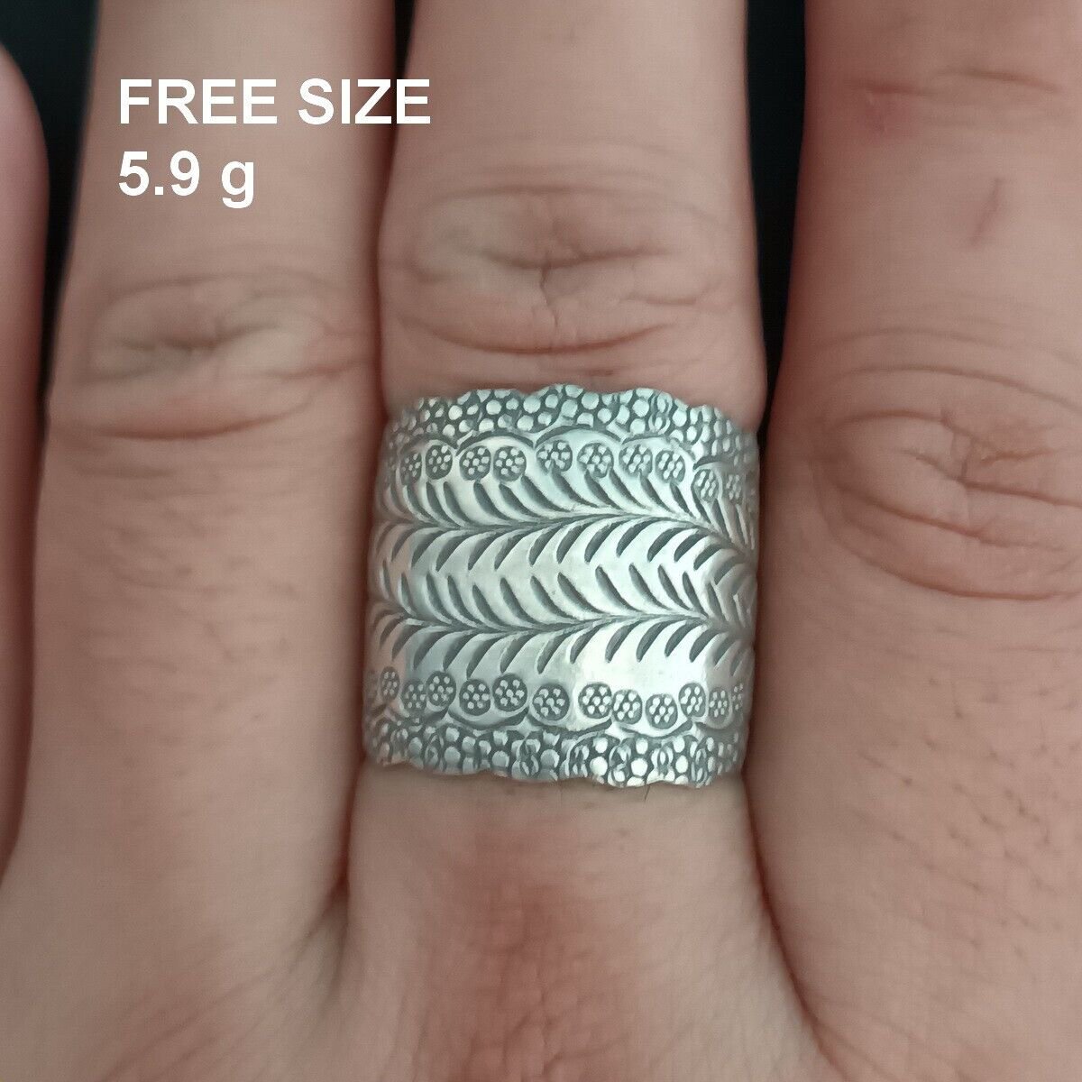 FINE SOLID SILVER RING ADJUSTABLE SIZE VINTAGE 5g FERN ENGRAVED BAND #RR024