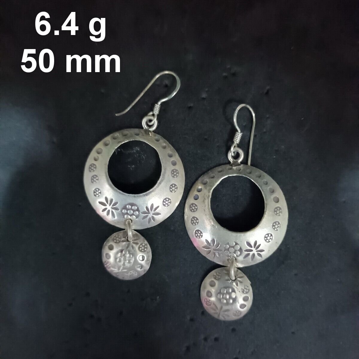 FINE SILVER EARRINGS CRAFT VINTAGE WOMEN DANGLES 6g Floral Hoop #RE157