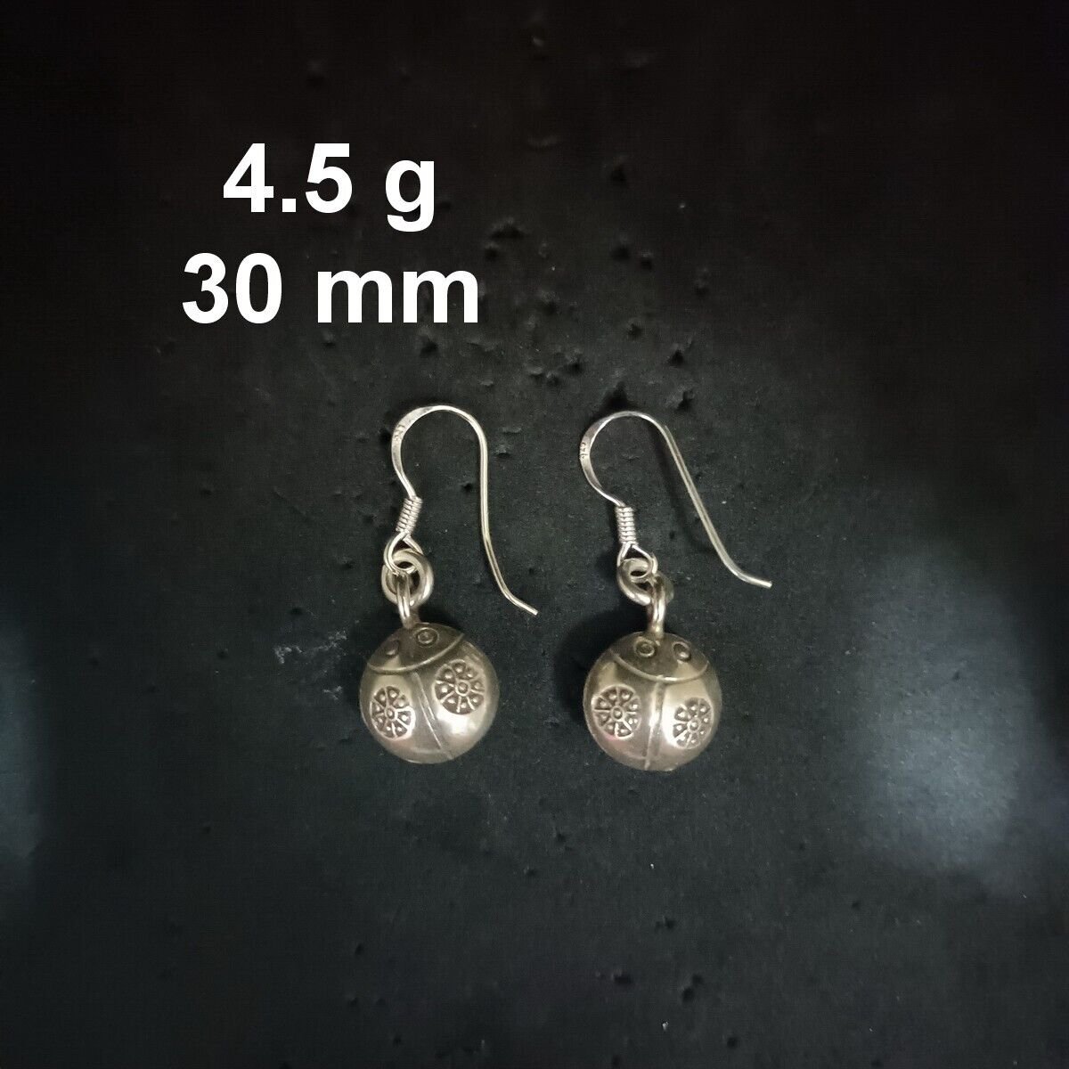FINE SILVER EARRINGS CRAFT VINTAGE DANGLES 4g EMBOSSED ROUND BUG #RE188