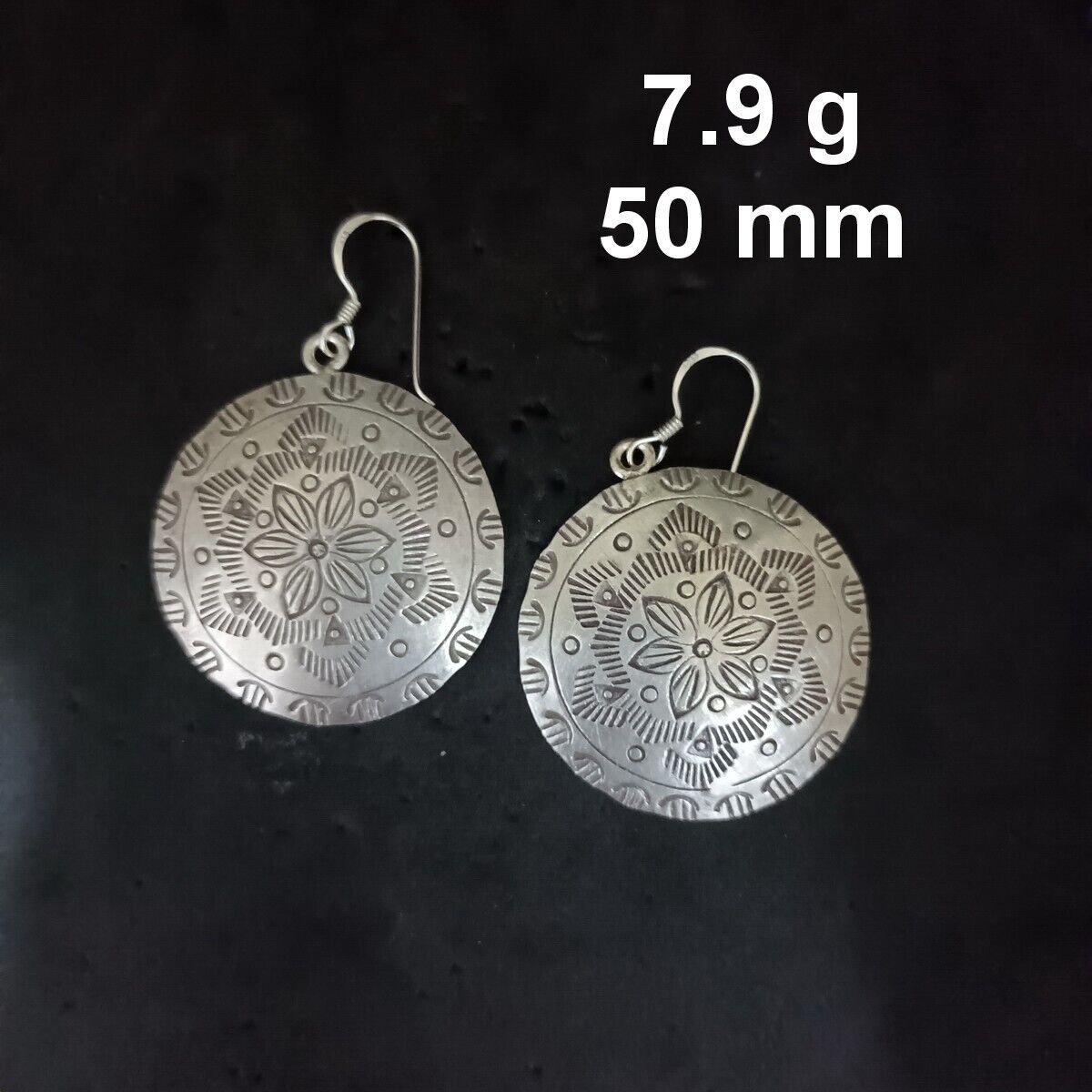 FINE SILVER EARRINGS CRAFT VINTAGE DANGLES 7g EMBOSSED RADIANT ROUND #RE187