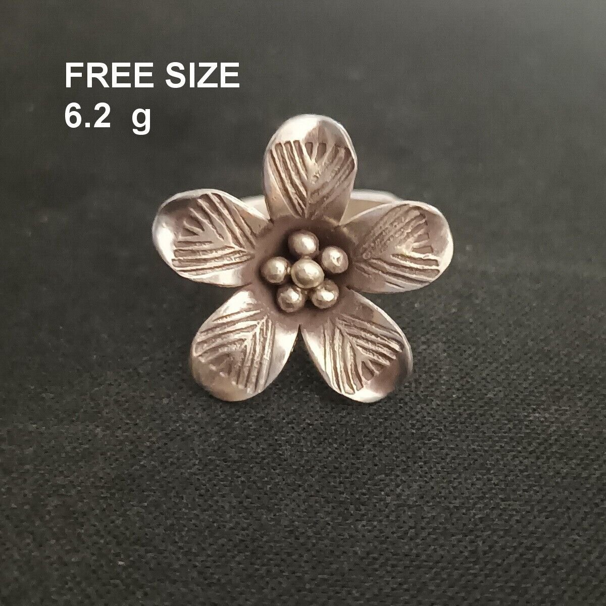 FINE SOLID SILVER RING FIXED SIZE VINTAGE 6g 3D TUBEROSE FLOWER BAND #RR072