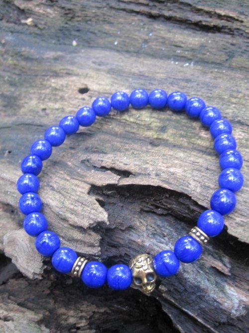 Mens skull beaded bracelet lapis lazuli blue free shipping