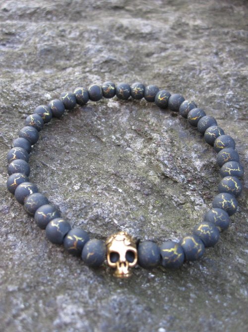 Mens Skull Stretch Beaded Bracelet 6mm Desert Sun Beads Gold Craked Strechy