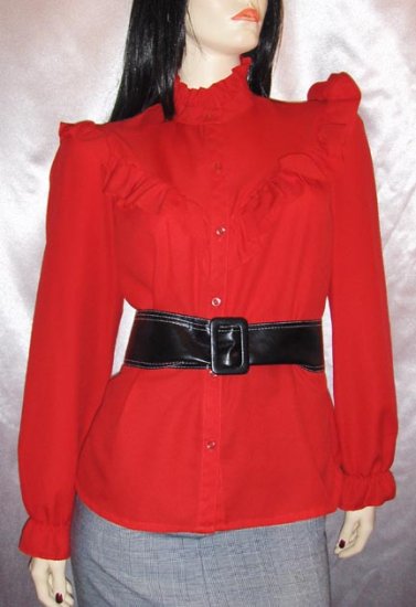 SEXY SECRETARY LIPSTICK RED Frilly RUFFLE Blouse Top M.