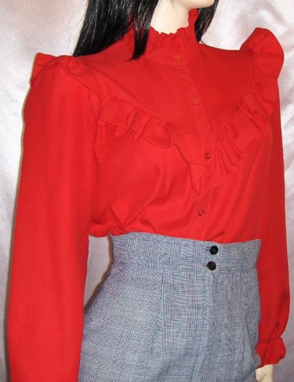SEXY SECRETARY LIPSTICK RED Frilly RUFFLE Blouse Top M.