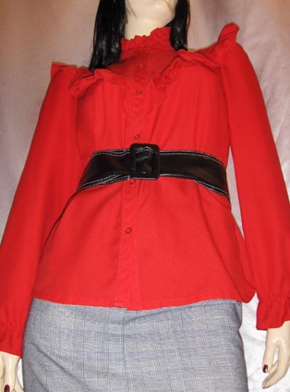 SEXY SECRETARY LIPSTICK RED Frilly RUFFLE Blouse Top M.
