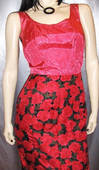 DRAPED IN RED ROSES 50s 60s Glam Cocktail Party Wiggle Dress S XS ...
