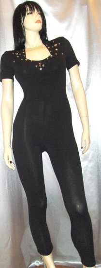 MEOW 80s BAD GIRL Black Spandex CATSUIT Rhinestones and Studs S. rockin ...