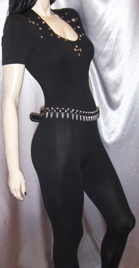 MEOW 80s BAD GIRL Black Spandex CATSUIT Rhinestones and Studs S. rockin ...