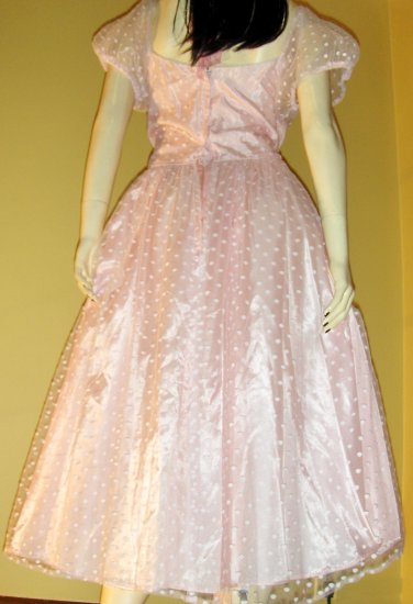 Frilly Pink Princess 70s Puff Slv Swiss Dot Lolita Dolly Party Dress S.