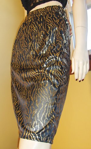 80s ELECTRO DISCO GLAM Gold Lam&Atilde;&copy;  Tiger Striped Pencil Skirt MINT NOS M.