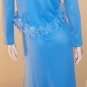 Vintage 70s Glam Blue Maxi Party Dress w/ Frilly Ruffle Jacket 2 Piece Set M/L