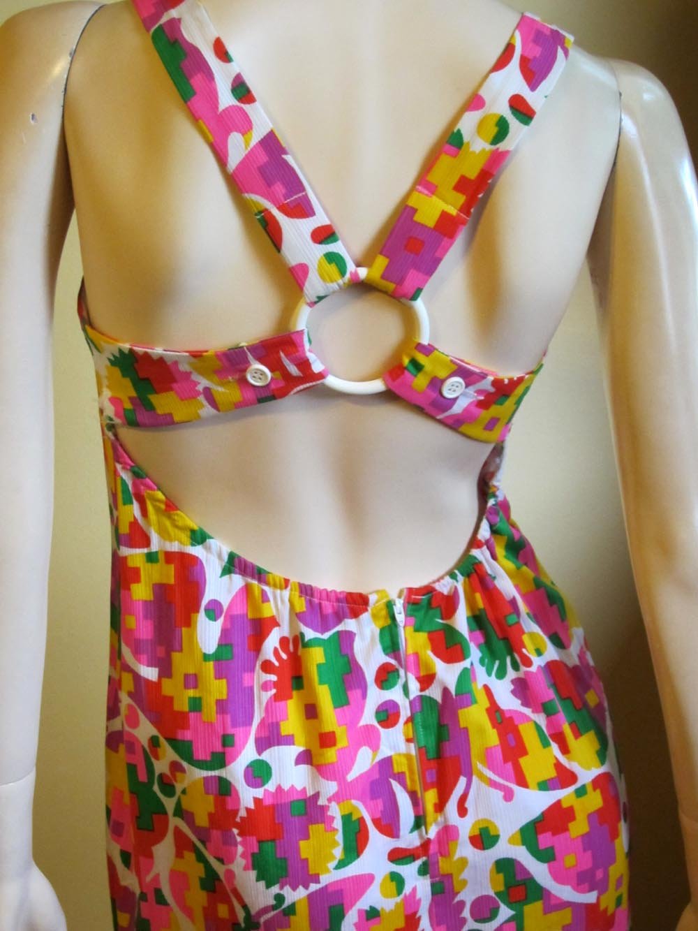 VTG 60s 70s NEON PINK PURPLE GREEN AZTEC PSYCHEDELIC HALTER MINI DRESS 12 main image 0