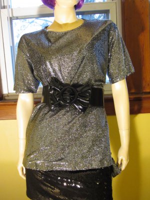 Glitzy Glitter Glam Silver Metallic Vintage Disco Party Top Blouse Sz 12 70s  80s