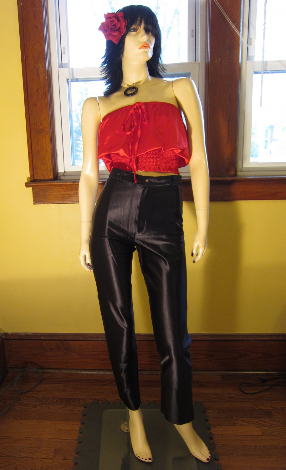 Vintage 80s High Waisted Black Satin Spandex Disco Glam Rocker Pants Sz 9